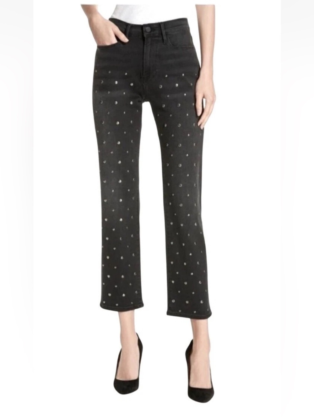 FRAME Denim Le High Stud Ankle Straight Jeans in Silverstone Wash Sz 28 $325 Blk